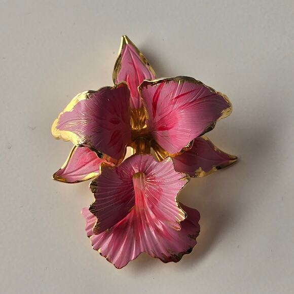 Vintage Cerrito 1982 Hand Painted Light Pink & Gold Orchid Flower Brooch Pin 2" - Picture 7 of 13